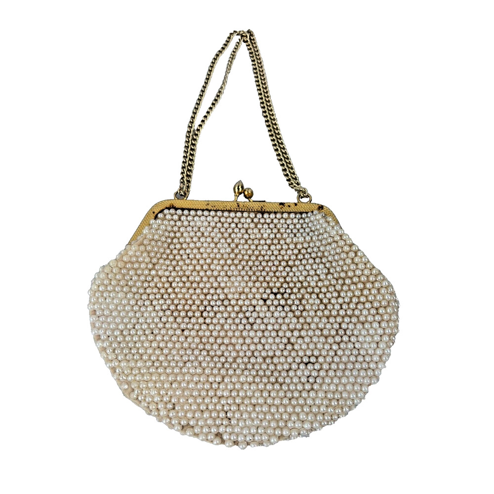 Vintage‎ Gems by George Pearl Beaded Clutch Purse With Gold Chain Strap